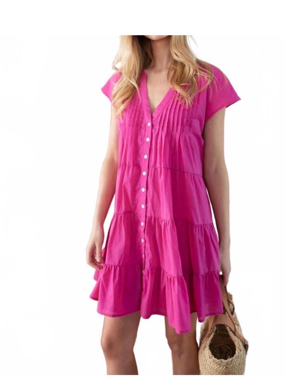 Hot Pink Tiered Button-Front Midi Dress